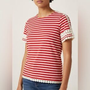 J Crew Size XS Red & White Striped Short-Sleeve Tee with Lace Trim 100% Cotton
